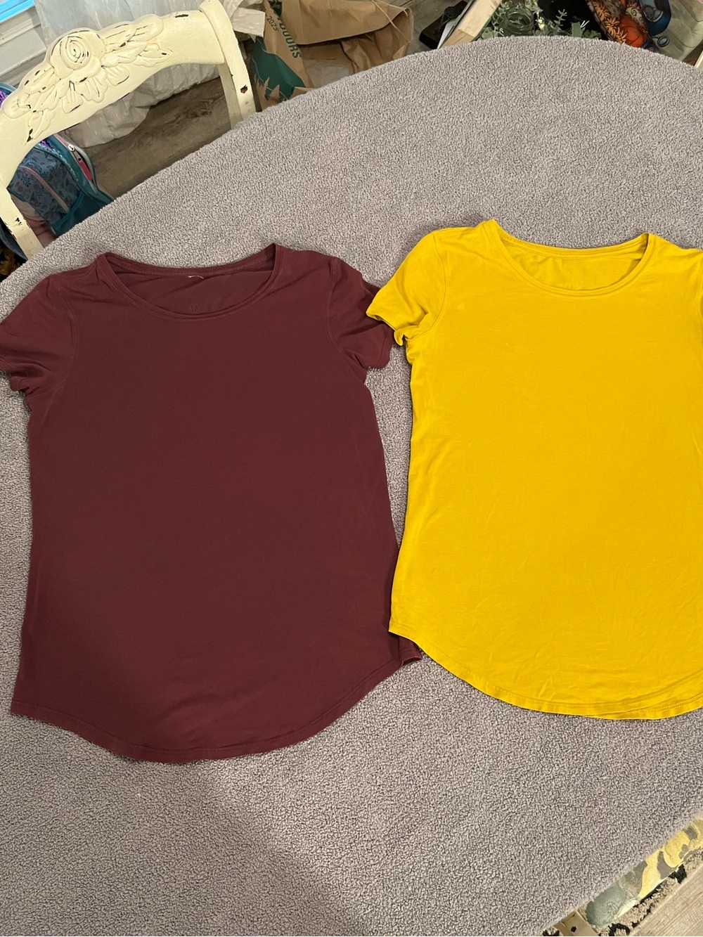 lululemon athletica Short Sleeve Scoop Neck Tees in Burgundy and Mustard